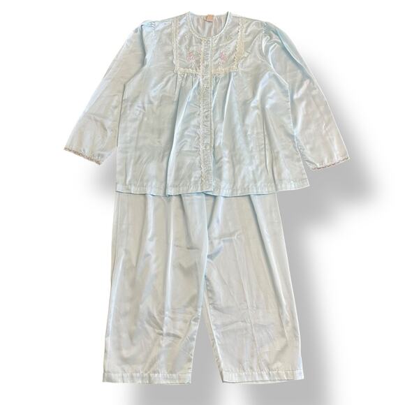 Vintage Barbizon Cuddleskin Pajama Set XL Blue Satin Lace Floral Embroidered - Picture 1 of 16